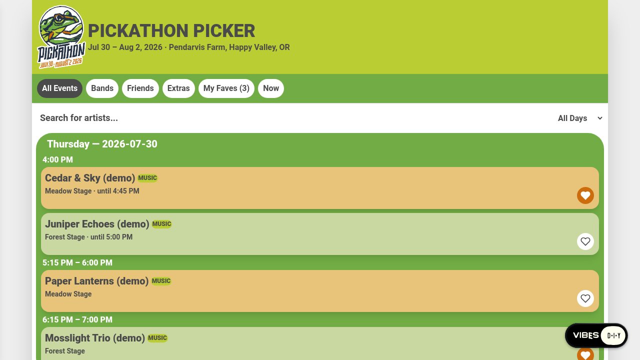 Screenshot of Pickathon Picker